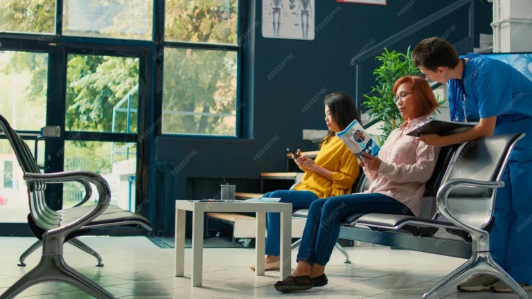 medical-assistant-talking-asian-woman-waiting-area